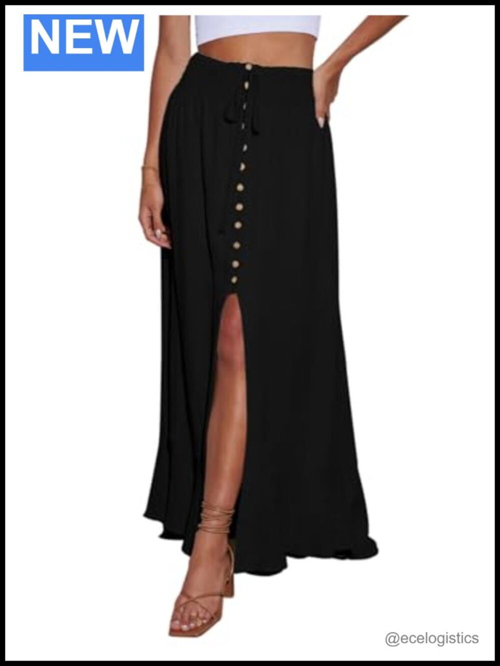Maxi Flowy Skirt, Elastic Waist Button Down Front Slit